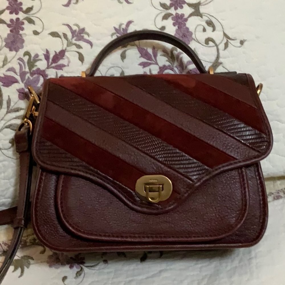 FOSSIL deep burgundy Leather Satchel with Gold Clasp